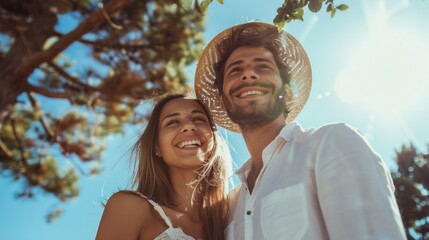 A joyful couple smiling and looking up towards the sun with the man wearing a straw hat and both dressed in casual summer attire set against a backdrop of a clear blue sky and lush green trees.