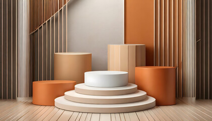 Abstract 3D room with set of realistic steps cream, beige and orange cylinder pedestal podiu....