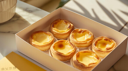 Egg Tart Box with 6 Delicious Pieces. Generative AI.