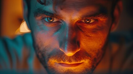 Intimate close-up of a founder's face bathed in the glow of a laptop screen, reflecting the passion and dedication of entrepreneurship.