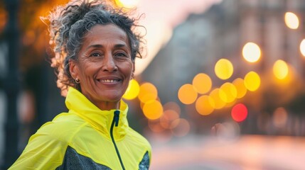 Smiling woman in yellow jacket with curly hair standing in front of blurred city lights at dusk.