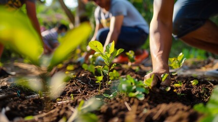 Group of people planting trees in a park or forest, symbolizing reforestation and ecological restoration efforts.