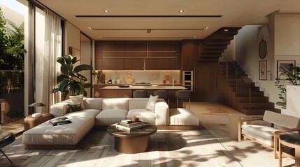 Sunlit Luxury: A Posh Inner-City Residence Showcasing a Cutting-Edge Kitchen and Inviting Living Space - obrazy, fototapety, plakaty