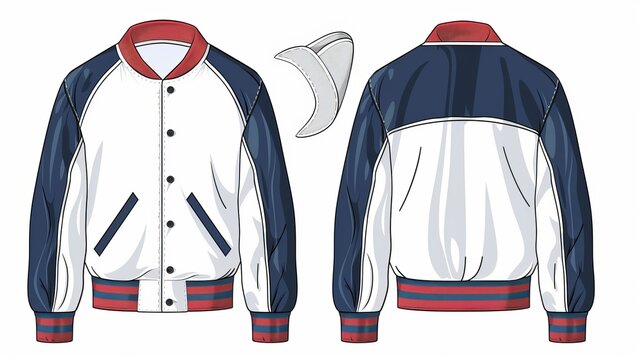 A varsity or baseball jacket template, illustrated in front, back, and side views
