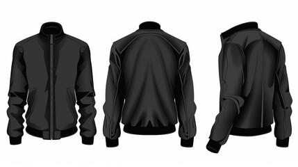 A vector illustration for a black jacket template, showcasing the front, back, and side views