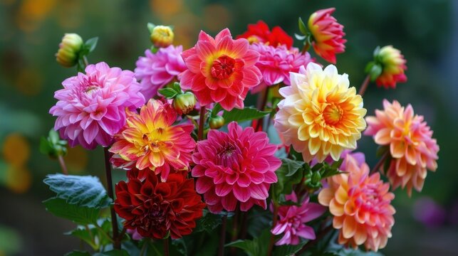 Colorful fresh bouquet of dahlia flowers decoration. AI generated image