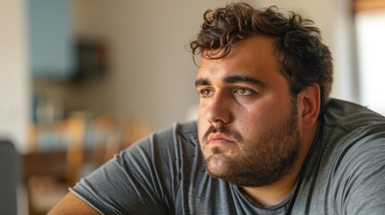 Fototapeta premium A man with a beard and curly hair wearing a gray t-shirt looking contemplative in a blurred indoor setting.