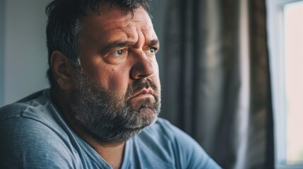 Obraz premium Man with beard and mustache looking serious sitting by window with curtains.