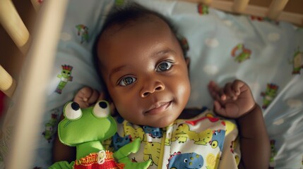 A baby with striking blue eyes and a green stuffed toy lying on a colorful patterned blanket in a crib.