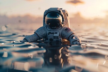 a astronaut in water with a reflective helmet