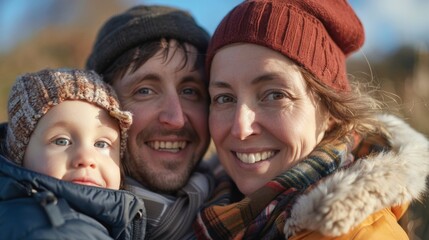 A happy family of three bundled up in winter clothing smiling and posing together with the baby wearing a cozy hat.