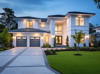 Beautiful new home exterior Double Garage, Exemplary Fresh Construction Dwelling with Innovative Styling and Light Blue Siding: Explore the Natural Stone Porch!