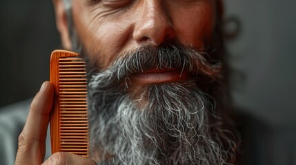 Man with gray beard holding wooden comb. - obrazy, fototapety, plakaty