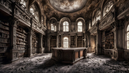 A grand yet abandoned library, echoing the silent stories of a bygone era