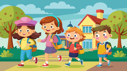 a group of kid going to school illustration
