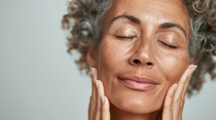 A woman with closed eyes smiling and gently massaging her face with her hands conveying a sense of relaxation and self-care.