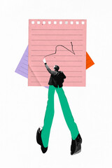 Poster. Contemporary art collage. Young business man with long legs taking notes standing near huge pink paper. Concept of business, startup, career development, entrepreneurship, leadership. Ad