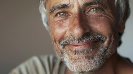 A close-up of an elderly man with a warm smile showing his eyes and the texture of his skin set against a soft-focus background.