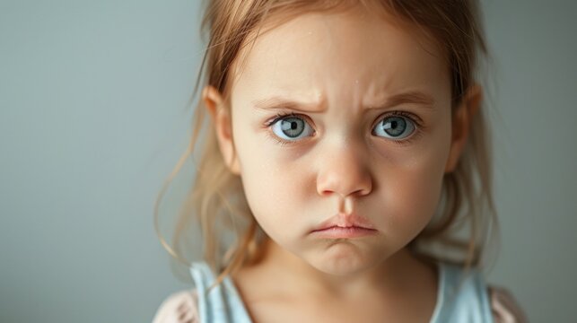 Young girl with a concerned expression her eyes wide and lips slightly puckered against a soft blurred background.