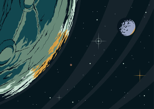 In Orbit. Space Illustration, Extraterrestrial Orbital Panorama, Deep Space. Planet, Moon, Stars Background 