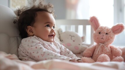 A joyful baby with curly hair wearing white pajamas with pink patterns sitting in a crib and smiling at a pink teddy bear.