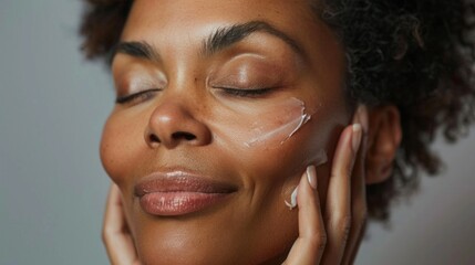 A woman with closed eyes applying a white substance to her face with her hands possibly a skincare product in a close-up shot with a soft focus background.