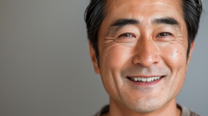 Smiling man with wrinkles around eyes showing teeth against neutral background.