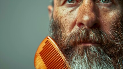 Man with a long full beard and mustache holding a wooden comb looking directly at the camera with a serious expression. - obrazy, fototapety, plakaty