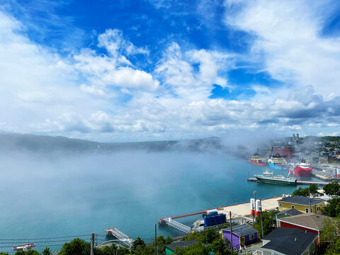 Light fog over St. John's Harbour on a sunny day, St. John's, NL