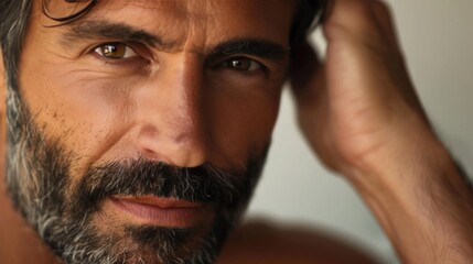 Obraz premium A close-up of a man with a beard and mustache looking thoughtful with his hand on his chin.