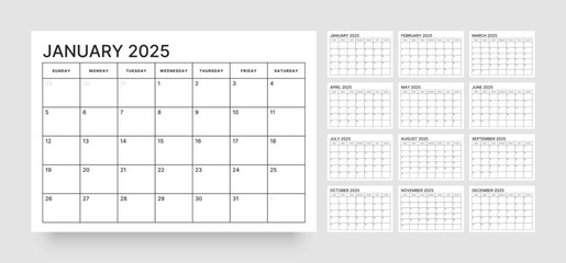 Monthly calendar template for 2025 year. Wall calendar in a minimalist style. Week Starts on Sunday. 