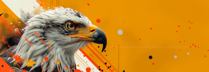 Vibrant digital illustration of a bald eagle with abstract colorful background featuring dynamic splashes of orange, yellow, and red, perfect for desktop wallpaper. Panoramic banner with copy space - obrazy, fototapety, plakaty