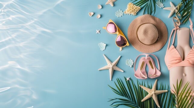 Top view flat lay bikini and beach accessories on blue background. AI generated image