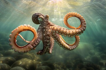 a octopus swimming in the water - obrazy, fototapety, plakaty