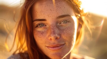 A close-up portrait of a young woman with freckles smiling gently with her hair softly blowing in the wind set against a blurred warm-toned background possibly during sunset.