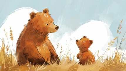 This charming depicts a serene moment between a majestic brown bear and its curious young cub,capturing the warmth and tenderness of a paternal bond amidst the tranquil beauty of a lush,grassy forest - obrazy, fototapety, plakaty