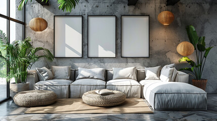 A Brutalist loft showcasing a cozy living area with a plush sofa, framed artworks on a concrete wall, woven pendant lights, and green plants. - obrazy, fototapety, plakaty