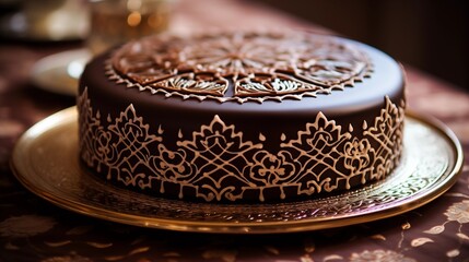 Elegant Moroccan themed cake with intricate piped henna patterns in chocolate.