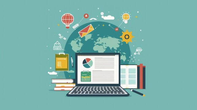 illustrator laptop screen showcasing various e-learning platforms and tools,symbolizing the global accessibility and opportunities for remote education and knowledge sharing The laptop