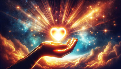 A hand holding a heart in a sky full of stars. Concept of love and hope, as the heart is a symbol of love and the stars represent the infinite possibilities of the universe