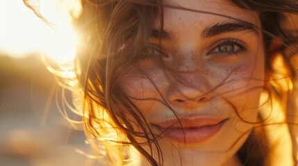 Naklejka premium A close-up of a woman with freckles her hair blowing in the wind and a warm golden light illuminating her face.