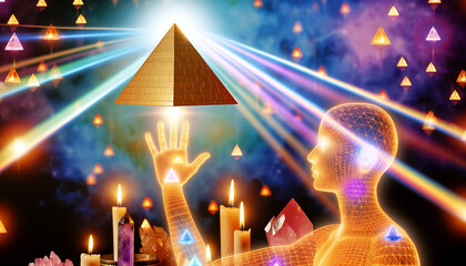 A man is holding a pyramid in his hand. The pyramid is surrounded by a lot of candles and other objects. Scene is mysterious and spiritual