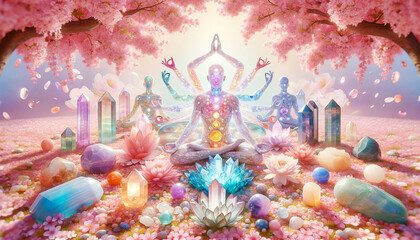 A man is sitting in the middle of a field of crystals healing and crystals. The man is surrounded by many different colored crystals and flowers