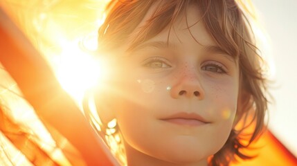 A young child with freckles looking up towards the sun with a gentle expression set against a warm blurred background that suggests a sunny day. - obrazy, fototapety, plakaty
