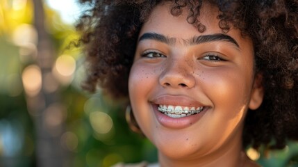 A young woman with curly hair wearing braces smiling brightly with a radiant com plexion set against a blurred natural backdrop. - obrazy, fototapety, plakaty