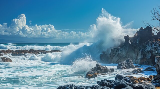 Powerful waves crashing against jagged rocks under a blue sky with fluffy clouds.