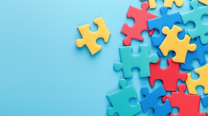 Assorted colorful puzzle pieces scattered on a blue background. - obrazy, fototapety, plakaty