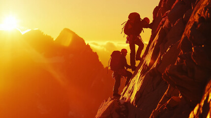 Challenge. Climbers ascending a mountain at sunset.