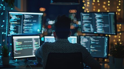 Person at a desk with multiple computer screens displaying code, working late night city lights in the background.