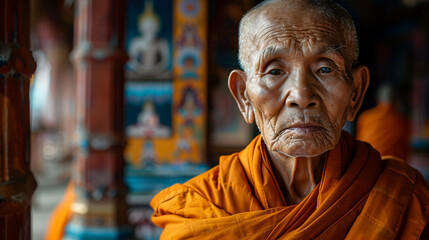 Portrait of an old Buddhist monk, in the Asian temple, his face is wrinkled.  - obrazy, fototapety, plakaty